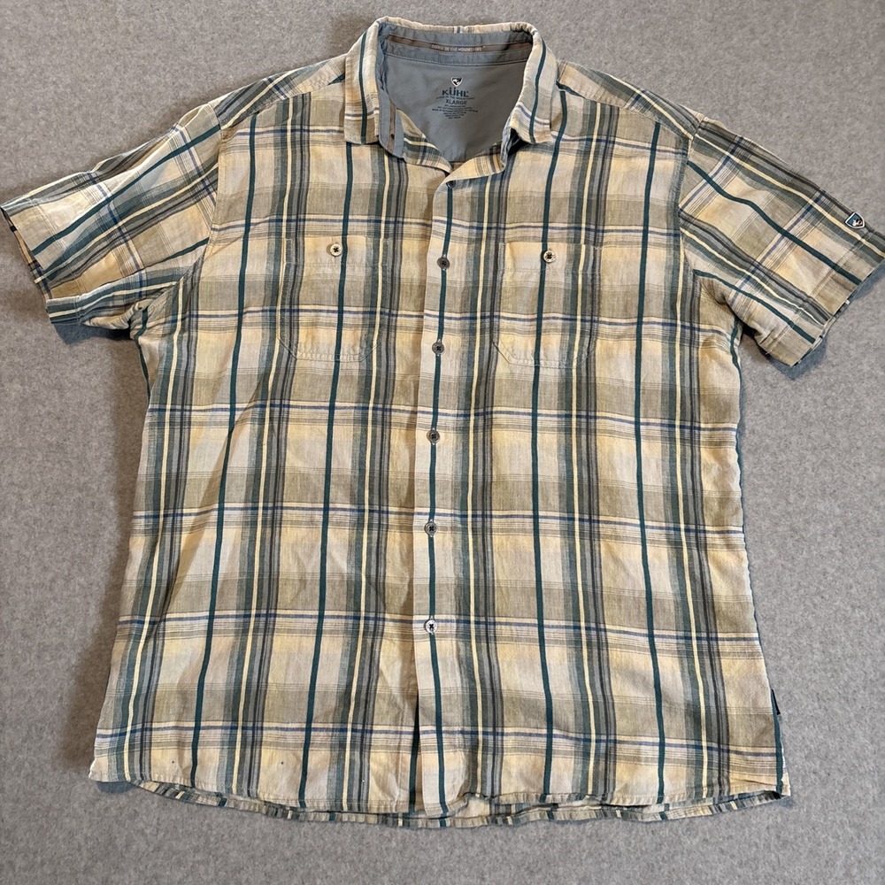 KUHL Men's Short Sleeve Button Up Sz XL Tan Green Plaid Good Condition